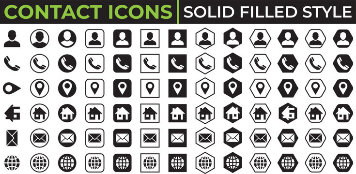 Solid filled contact icons set user, phone, location, home, email and globe flat vector ui ux symbols isolated on a white background.