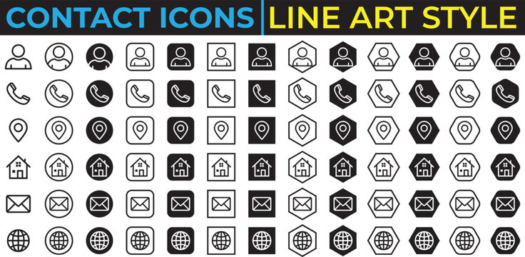 Contact icons set line art style flat vector, user, phone, location, home, email and globe symbols isolated on a white background.