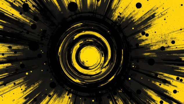 Banner estilo grunge con semitonos en espiral, en negro y amarillo. Trazos gruesos de aspecto desgastado y fondo abstracto texturizado para un dise&ntilde;o urbano moderno