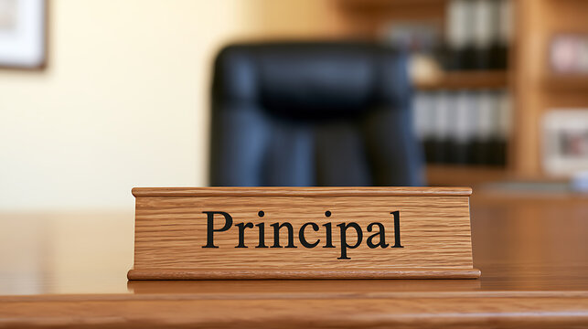 Wooden desk nameplate with the title Principal on a desk in an empty office with a blurred leather chair and bookshelf in background