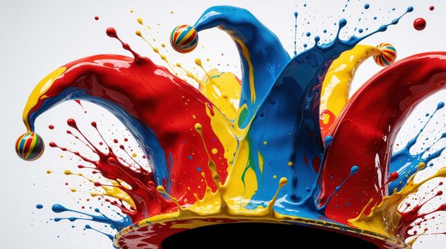 Colorful jester hat exploding with vibrant red blue yellow paint splashes. Abstract festive celebration design with dynamic motion and playful energy, perfect for party themes and creative art.