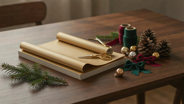 Handmade gift wrapping with kraft paper rolls scissors and festive holiday decorations on wooden table