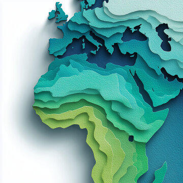 3D paper cut layered map of Europe and Africa in blue green tones, 푸른색 톤의 유럽 및 아프리카 3D 페이퍼컷 레이어 지도