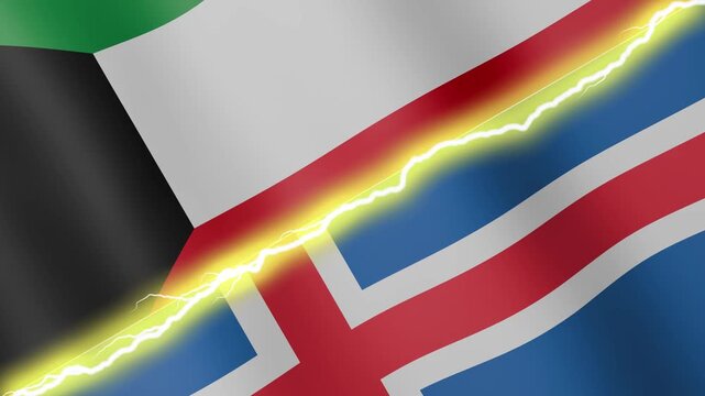 Two waving flags Kuwait and Iceland with diagonal lightning seamless, 4k loop