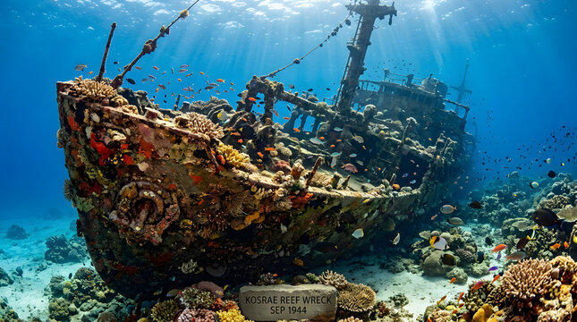 Sunken WWII shipwreck underwater with tropical fish swimming around coral reef structure