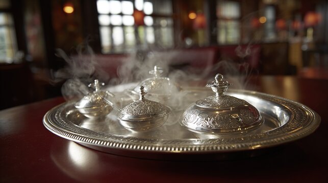 tray. Elegant silver tray with covered dishes floating in a warm, softly lit restaurant setting. menu design, packaging mockups, designed for culinary blogs and recipe cards for restaurants.
