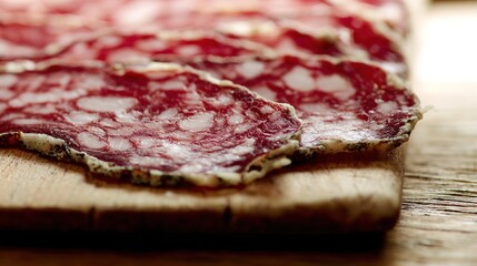 Obraz premium prosciutto. Thick slice of Italian salami showing marbled texture on a cutting board. menu design, packaging mockups, designed for food delivery and cloud-kitchen brand materials.