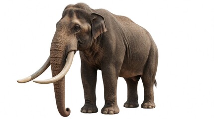 Fototapeta premium Large elephant with long tusks stands on plain white background. Animal shows its full body and is isolated for easy compositing and design elements.
