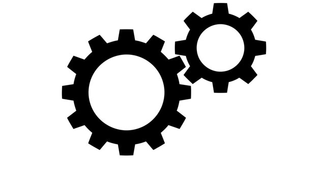Minimalist black vector graphic showing two interconnected mechanical cog wheels isolated on a plain white background