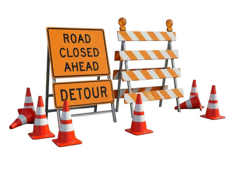 Road closed ahead sign with orange construction barricades and safety cones isolated on transparent background