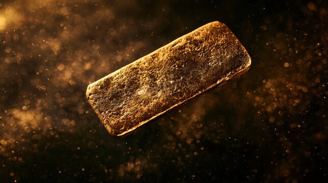 A textured gold bullion bar floating in dark space with glittering golden dust particles. Represents wealth, financial investment, and luxury commodities.