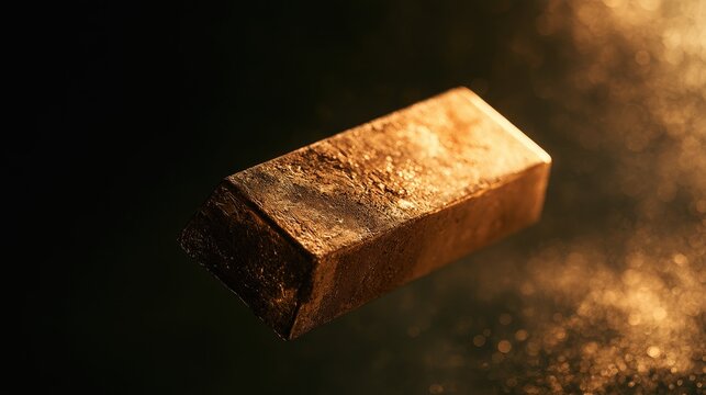A textured raw gold bar floating against a dark, shimmering golden background. Perfect for finance, wealth, and luxury investment marketing.