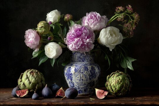 Abundant still life arrangement combining lush peonies, fresh artichokes, and ripe figs in a richly textured composition