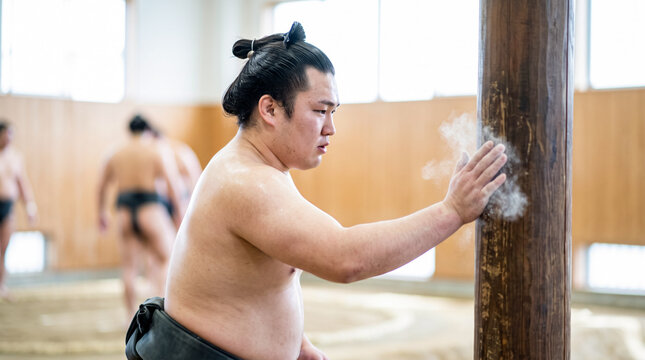 相撲部屋の稽古場で柱に向かって鉄砲の稽古に励む相撲力士