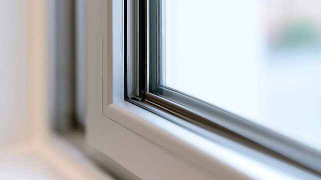 Close up view of modern plastic window frame with double glazing seal and clean glass pane surface in bright interior architectural design