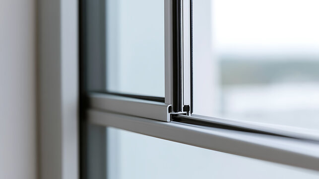 Close-up view of modern aluminum window frame with detail of metal profile, seal, and double glazing glass pane in bright interior room