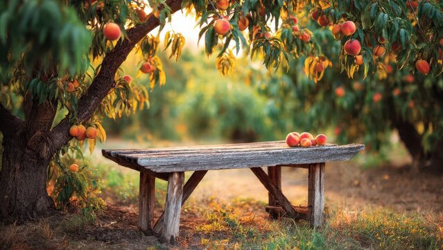 Serene orchard bench amidst lush peach trees at sunset