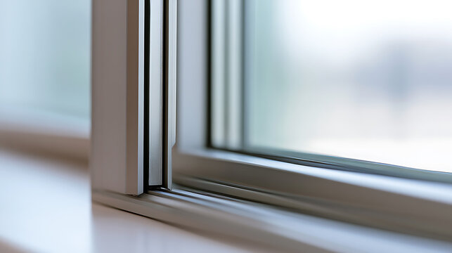 Close-up view of modern aluminum sliding window track and frame structure, minimalist design interior architectural detail photography shot