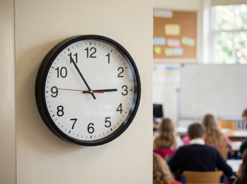 Analog wall clock in classroom with students studying in background