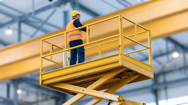 Industrial worker in safety helmet and reflective vest standing on high yellow scissor lift platform inside a large modern manufacturing plant
