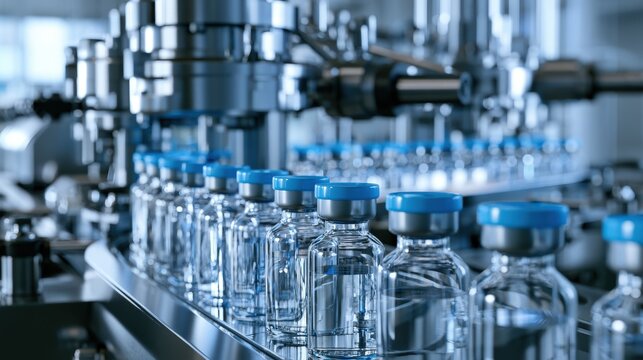 Medical glass vials move along an automated conveyor belt in a pharmaceutical factory. Manufacturing technology for vaccine production and healthcare industrial supply chain.