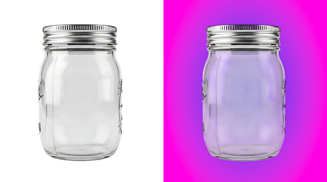 A clear glass mason jar with a silver metal screw-top lid, isolated on a white background, for food storage, or craft project display