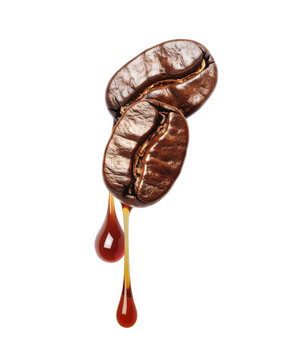 Drops of coffee dripping from coffee seeds close-up on white background. Generative AI