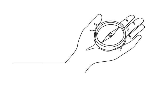 Continuous line drawing of a hand holding a vintage navigation compass showing direction with pocket compass