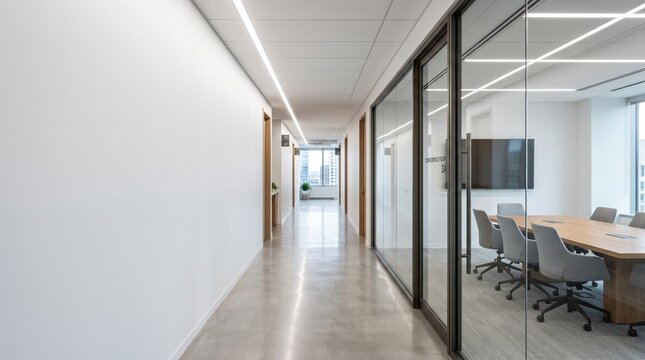 Modern office corridor or hallway interior with empty space over the white wall and the meeting room.