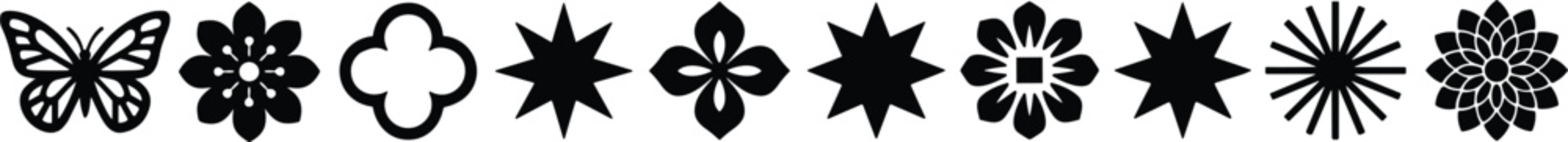 Japanese family crest kamon traditional floral blossom star butterfly silhouette icon set collection vector illustration