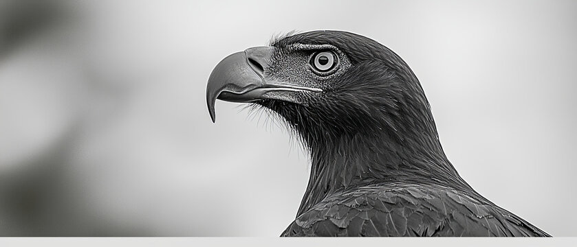 Detailed black and white profile of a powerful raptor, highlighting its intense eye, strong hooked beak, and finely textured feathers