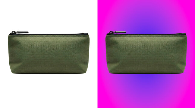 A green fabric pencil case with a black zipper, isolated on a white background, stationery accessory for school or office, rectangular pouch