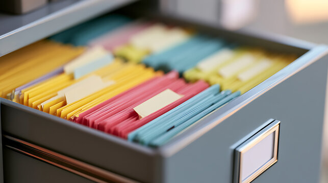Open metal office cabinet drawer filled with colorful hanging file folders and paper index tabs for document organization and data storage job