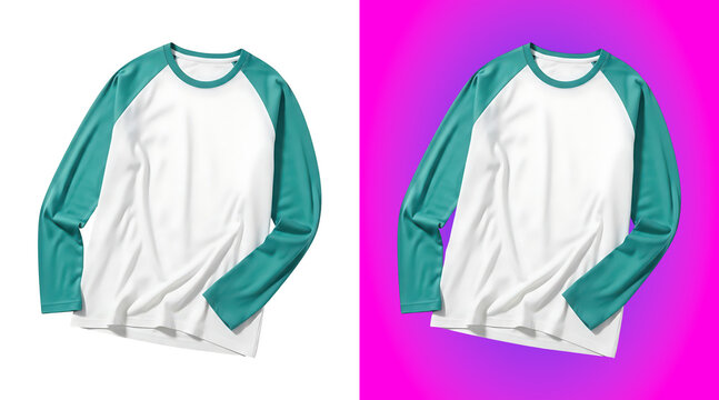 A long-sleeved baseball shirt with a white torso and teal raglan sleeves, featuring a crew neck and soft cotton texture, isolated on white