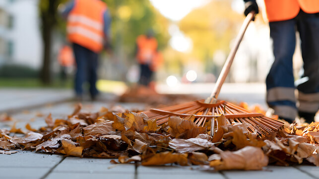 Municipal workers clear fallen autumn leaves from city streets and sidewalks using plastic lawn rakes during the seasonal landscape cleanup
