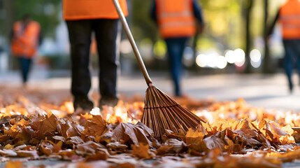 Obraz premium Municipal street cleaning crew sweep autumn leaves on a sidewalk during fall season with orange safety vests and a traditional broom
