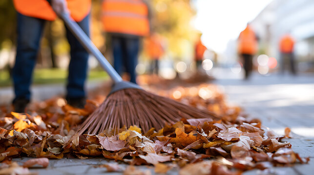 Municipal workers sweep fallen autumn leaves from city sidewalk with large broom in urban street scene during bright seasonal clean up work