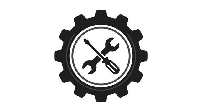 Detailed black and white vector illustration of industrial cogwheel gear containing crossed repair tools like a wrench and screwdriver icon
