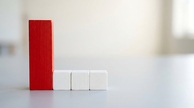 Vibrant red block dramatically stands out among a row of smaller white cubes, symbolizing leadership, distinction, or a significant disparity in growth and potential within a conceptual framework