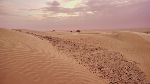 Soft pan across rippled Sahara dunes under a pastel pink dusk sky  atmospheric closer, Grand Erg Oriental