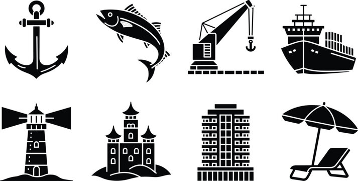 Anchor and maritime icon set featuring a jumping fish, harbor crane, container cargo ship, lighthouse, sand castle, hotel building, and beach lounger chair with umbrella.