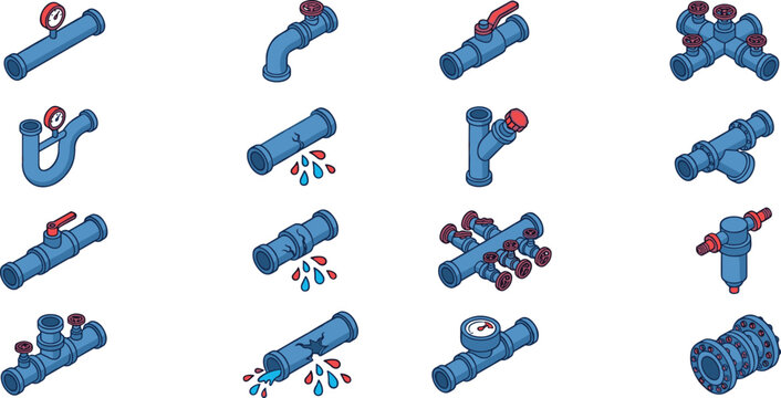 Plumbing pipe isometric icon set water pipes valve leak pressure gauge vector icons collection
