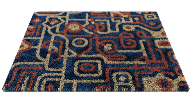 A vibrant blue, red, and beige patterned rug on a black background