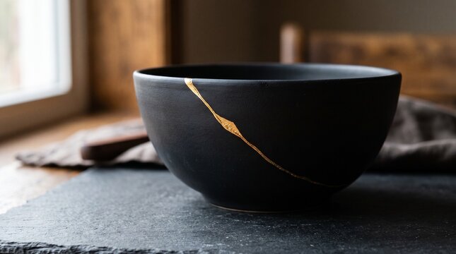 A black ceramic bowl repaired with gold lacquer sitting on a dark slate surface indoors with featuring golden repair surface near window line sits textured