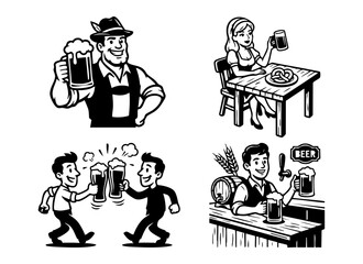 Fototapeta premium Set of black and white retro illustrations featuring people drinking beer and celebrating Oktoberfest.