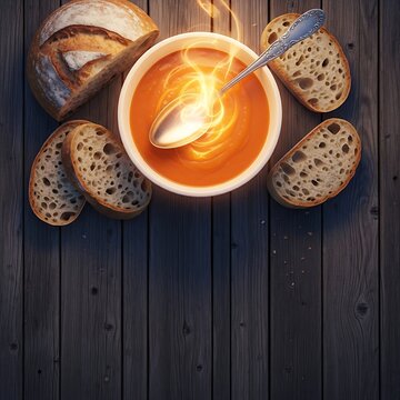 Warm soup with bread and whisk on wooden table