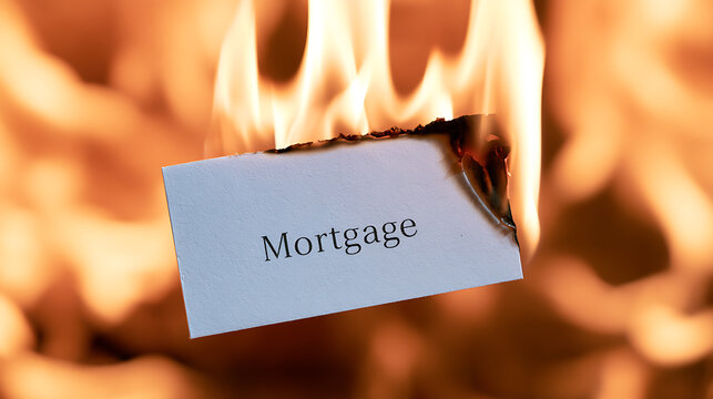 A white card with the word mortgage written on it is consumed by intense bright orange flames in a dramatic business and financial crisis