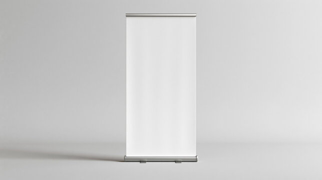A single blank white roll-up banner stand mockup centered against a clean light grey studio background for advertising presentation.