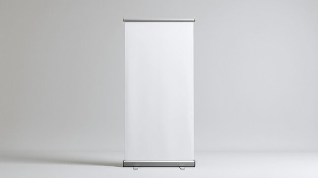 A single blank white roll-up banner stand mockup centered against a clean light grey studio background for advertising presentation.