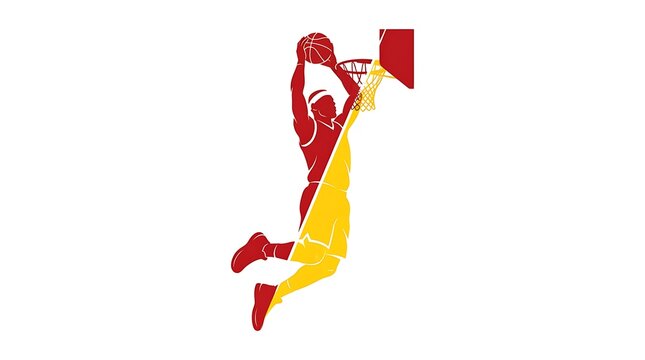 Basketball player silhouette dunking a ball, red and yellow graphic sports illustration.